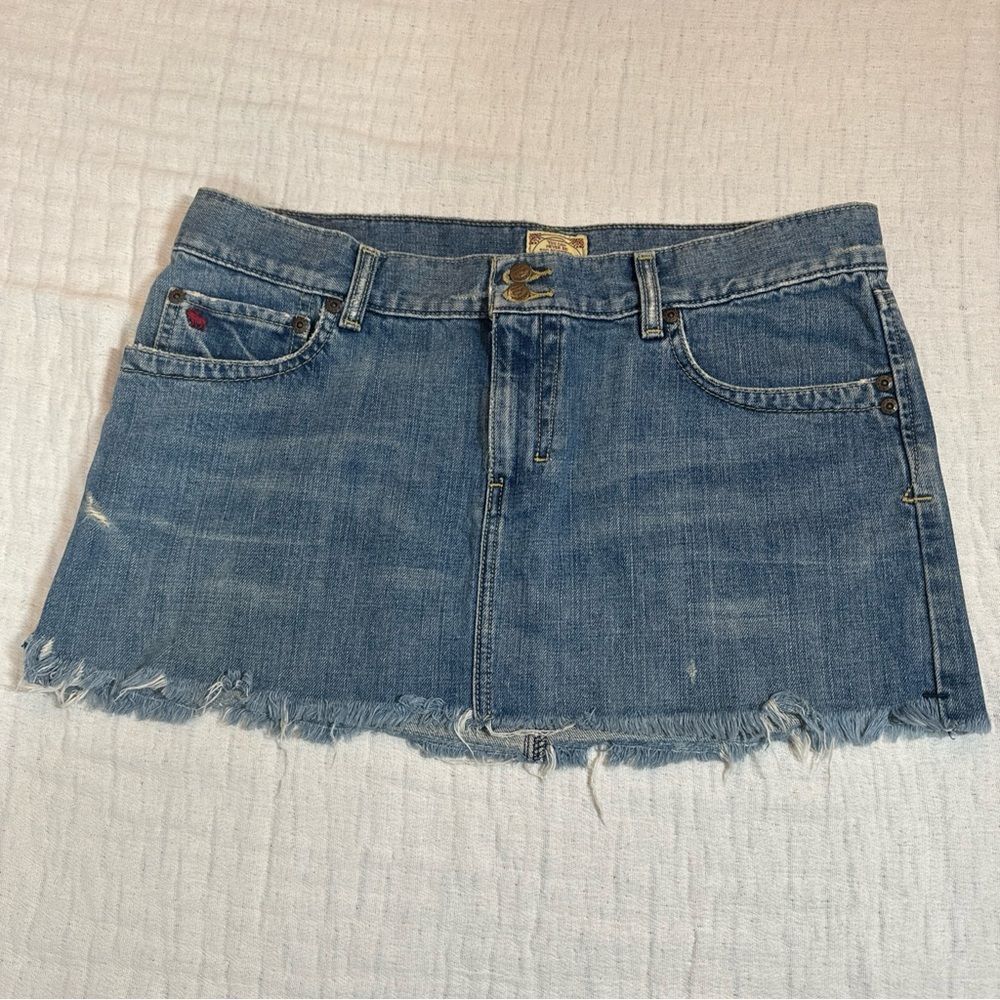 Vintage 90s Abercrombie & Fitch Denim Mini Skirt Dark Wash Raw Hem Sz 10 Y2K